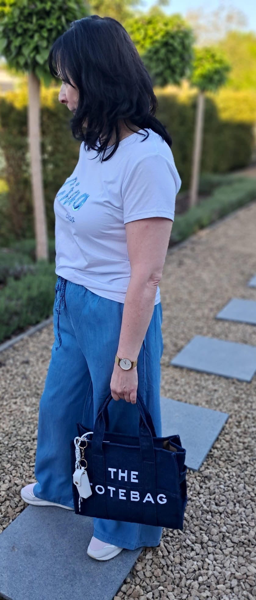 Lichte, brede broek met elastische taille, in jeanskleur