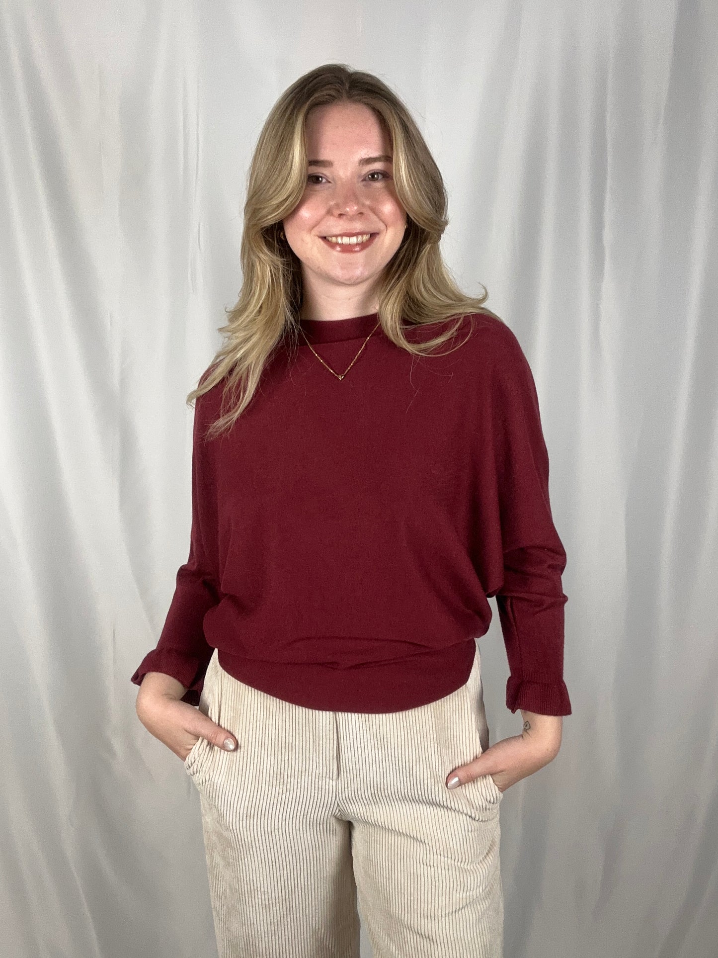 Trui Camille met rufflemouw - Terra di Siena : beige