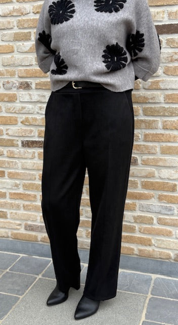 Zwarte damesbroek met rechte pijpen en elastische tailleband, in peau de peche TdS