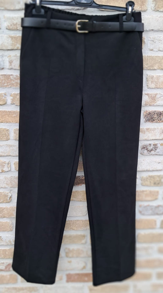 Zwarte damesbroek met rechte pijpen en elastische tailleband, in peau de peche   TdS