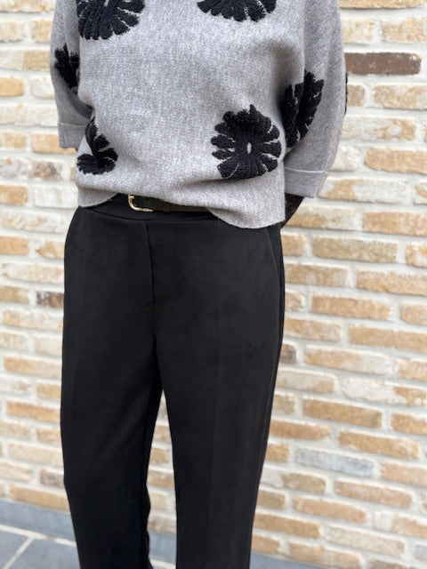 Zwarte damesbroek met rechte pijpen en elastische tailleband, in peau de peche   TdS