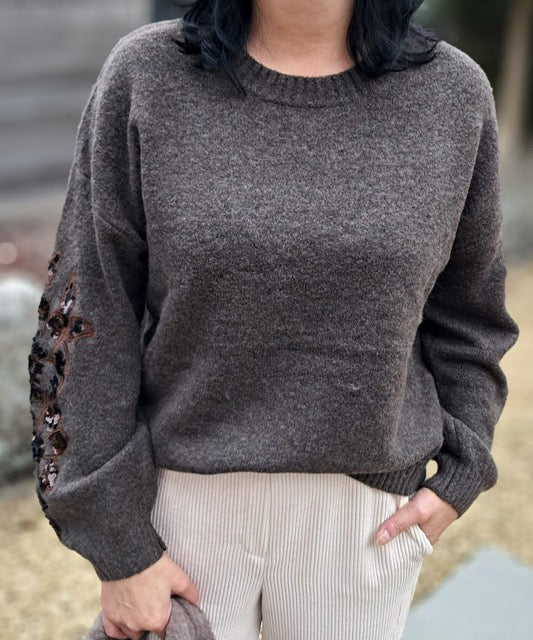 Warme, zachte pull met accent in pailletten op de mouw, 3 kleuren